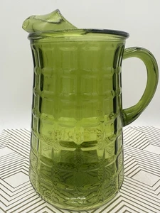 Vintage Anchor Hocking Glas Krug mit Eislippe grün Waffel Block Quadrate 9" T - Bild 1 von 7