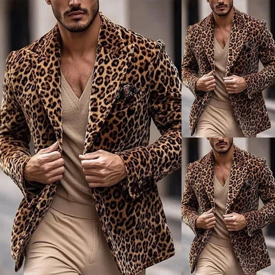 Blazer de terciopelo para hombre clásico estampado de leopardo pico solapa esmoquin chaqueta de moda abrigo Foto 1 de 4