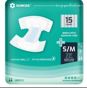 Sunkiss Adult Diapers Briefs Odor Control Anti-Leak S/M Waist 45-64” Unisex 15 - Picture 1 of 3