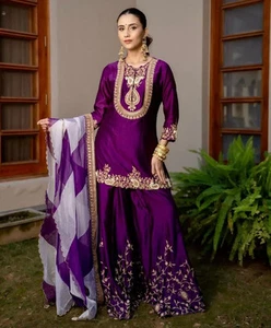 Designer Chinon Silk Party Wear Top Sharara Set with Embroidered Dupatta - Picture 1 of 12