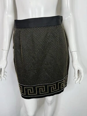 Vtg Gianni Versace SS1993 Black Greek Key Studded Linen Skirt IT44 US10 - Image 1 of 4