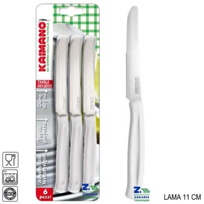SET 6 PZ COLTELLO KAIMANO PUNTA MEZZA SEGHETTATA DENTATA 11 CM BIANCO