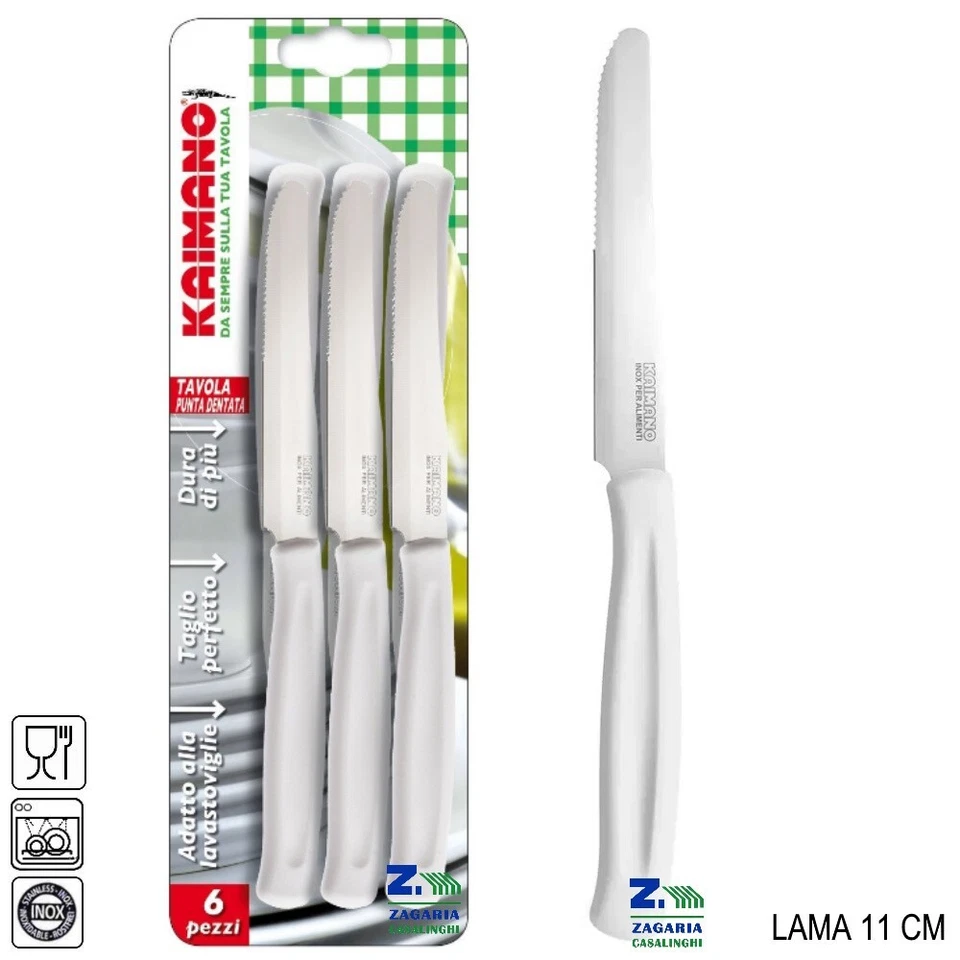 SET 6 PZ COLTELLO KAIMANO PUNTA MEZZA SEGHETTATA DENTATA 11 CM BIANCO