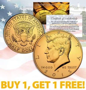 24K GOLD PLATED 2013 JFK Kennedy Half Dollar Coin w/Capsule * BUY 1 GET 1 * BOGO - Picture 1 of 1