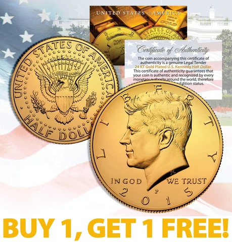 24K GOLD PLATED 2013 JFK Kennedy Half Dollar Coin w/Capsule * BUY 1 GET 1 * BOGO Cover