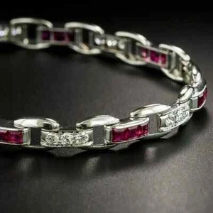 6.88Ct Princess Cut Simulated Ruby Women's Tennis Bracelet 14K White Gold Plated - Picture 1 of 6