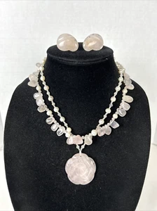 Rose Carved Pink Jadeite and Freshwater Pearl Convertible 2 in 1 Necklace - Picture 1 of 16