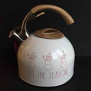 Rae Dunn Tea Kettle Teapot Tis' The Season White Red Stainless Steel Wood 2.5 QT - Picture 1 of 4