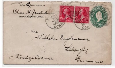 1896 Middletown CT US U318 ? 2c uprated to 6c Stationery Entire to Germany - Image 1 of 2