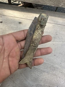 Ancient Old Rare Brass Peacock Handle  Old Folding Knife  Pocket  Knife - Picture 1 of 11