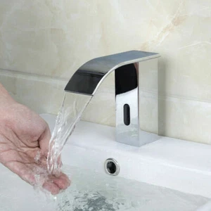 Plateado Cascada Sin Tacto Baño Baño Mezclador Grifo Buque Sensor Faceta - Imagen 1 de 10