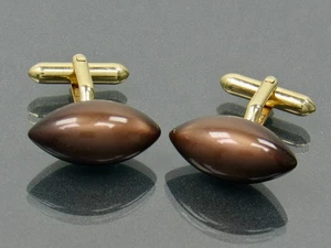 Swank Brown Football Shaped Cufflinks Vintage Faux Moonstone Oval - Picture 1 of 10