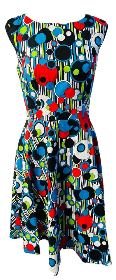 Hanpceirs 1950s-style sleeveless swing dress W/a vibrant mod-style abstract Sz M - Image 1 of 4