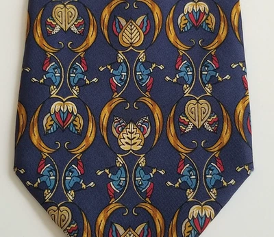 Salvatore Ferragamo Corbata de Seda Asiática Pipa Hojas Pergamino Azul Foto 1 de 4