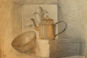 1966 Pencil painting still life with bowl and kettle signed - Picture 1 of 9