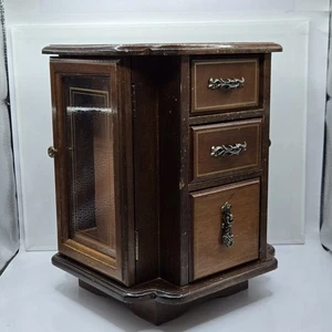 Rare Lazy Susan Jewelry Box Glass Doors Ornate Handles Rotating Cabinet w Drawer - Picture 1 of 21