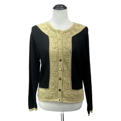 Vtg Dressbarn Cardigan Sweater Womens S Black Gold Baroque Knit 90s Holiday Chic - Image 1 of 4