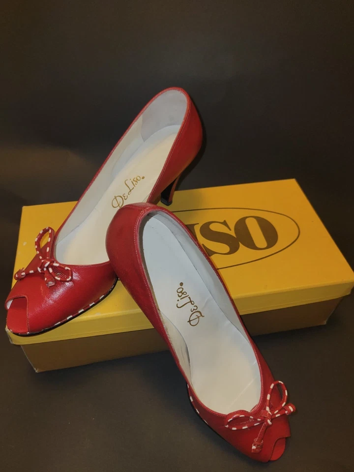 Vintage Deliso Women's Red Peep Toe Heels with Bow Accent Size 8 - Image 1 of 4