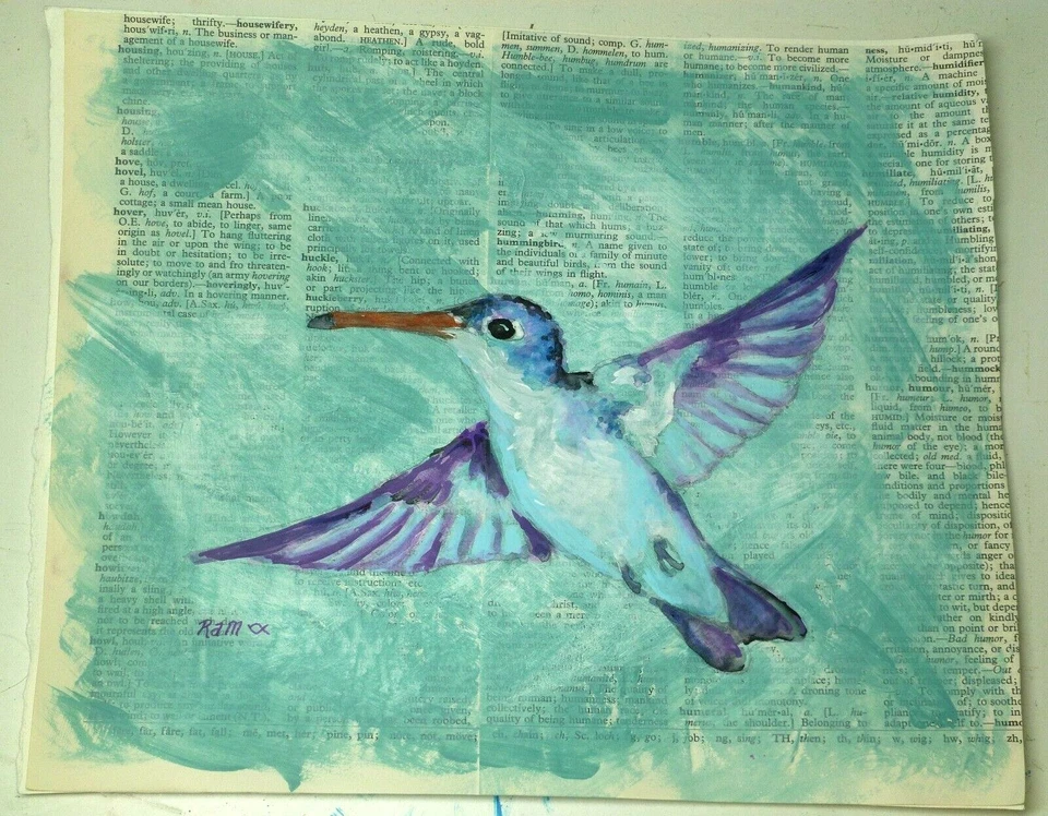Colibrí Flotante en Página de Libro Antiguo Texto 11X9" Acrílico Original Ramfish Artista Foto 1 de 4
