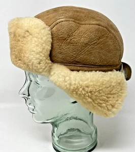 Vintage Shearling Trapper Hat Sheepskin Leather Ear Flaps Aviator Winter Warm - Picture 1 of 7
