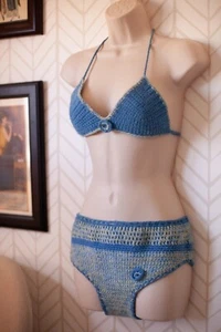 Vintage 60s Custom Blue Crochet Bathing Suit Mod Bikini - Picture 1 of 13