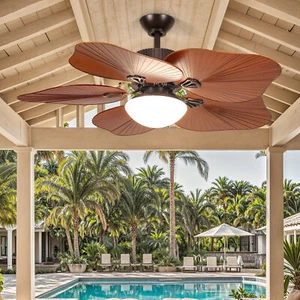 52-Inch Brown Tropical Ceiling Fan with 5 Palm Leaf Blades, Remote Control - Picture 1 of 34