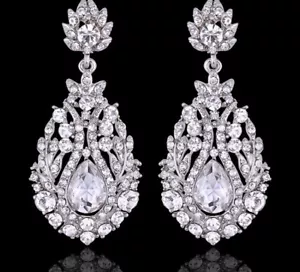 Silver Chandelier Water drop Earrings Bridal Wedding Bridesmaid Party Prom - Picture 1 of 6