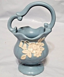 VINTAGE WELLER ART POTTERY BLUE FLORAL CAMEO VASE WITH BASKET HANDLE 8" - Picture 1 of 7