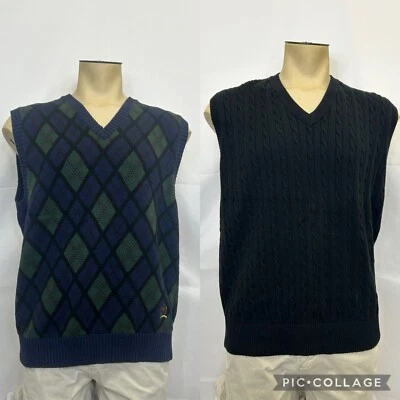 (2) Tommy Hilfiger Algodón Tejido Verde/Azul Marino Argyle y Negro Suéter Chalecos Lote XL FS Foto 1 de 4