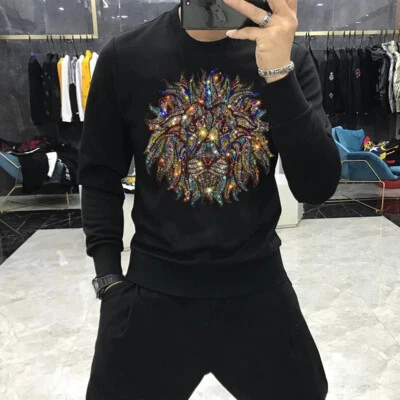 New Fashion Lion Rhinestones Winter Warm Hoodie Men Luxury Sweatshirt Pullover - Image 1 of 4
