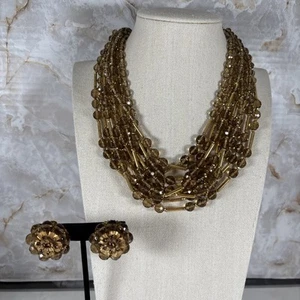Vintage Signed Miriam Haskell Amber Earrings And Multi Strand Necklace (16”) Set - Picture 1 of 17