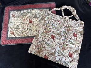 Handmade Cross Body Tote Bag Cotton Cardinals Birds & Matching Table Mat - Picture 1 of 16