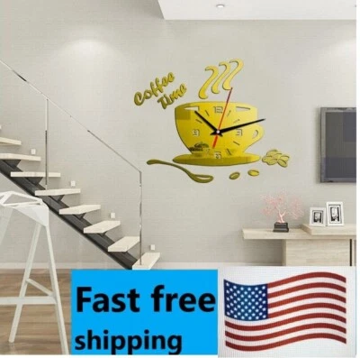  New 3D Acrylic DIY Mirror Wall Quartz Clock Home Digital Living room  kitchen  - image 1 of 4