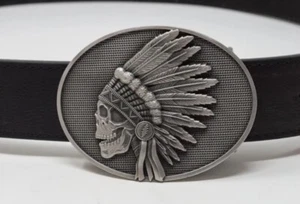 Grateful Dead Indian Feathers Skull with Full Head Dress Satin Belt Buckle - Picture 1 of 3
