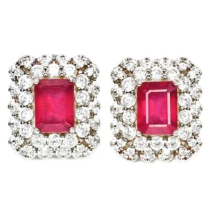 925 STERLING SILVER NATURAL PIGEON BLOOD RED RUBY & WHITE CZ   EARRING - Picture 1 of 6