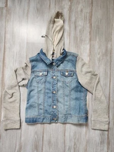 SO Girls Knit Sleeve Denim Jacket Med Wash Blue & Gray Hooded Youth Sz Large - Picture 1 of 9