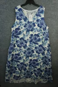 Goddess Gear Dress Womens XL Blue Floral Print Linen A Line Pockets - Picture 1 of 11