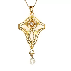 14k Gold Art Nouveau Lavaliere Pendant Diamond Pearl - Picture 1 of 8