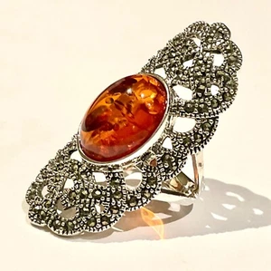 Sterling Silver Amber Marcasite Filigee Openwork Long Oval Statement Ring 8 P - Picture 1 of 8