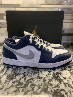 Nike Air Jordan 1 Low Para Hombre Talla 11 Blanco/Gris Lobo/Azul Marino Medianoche Foto 1 de 4