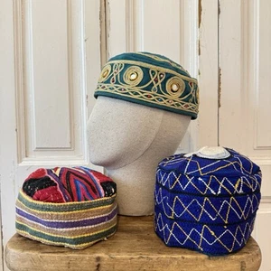 Vintage Scull Caps Topi Hat Uzbek? Afghan? Various 3pcs - Picture 1 of 12