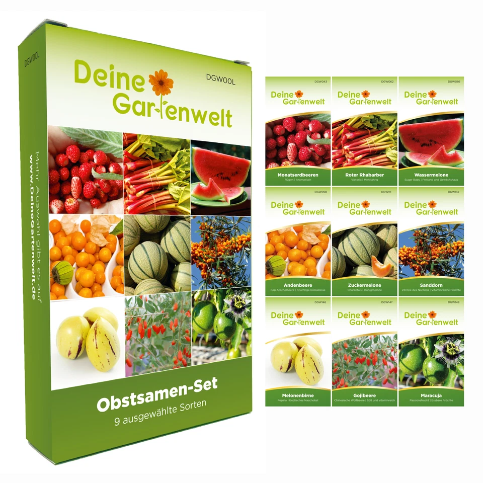 Obstsamen-Set 9 Sorten Samen - Saatgut für Obst - Physalis Erdbeere Goji Melone - Bild 1 von 2