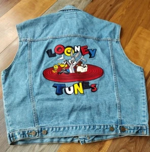Looney Tunes Top Line USA Vintage Denim Jean Vest Big Embroidery Jacket Size L - Picture 1 of 8