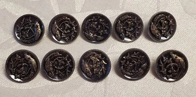 10 Victorian Eingetr Muster Parrot Bird Buttons Black Enamel Metal Shank German - Image 1 of 4
