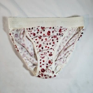 Victoria's Secret Hi-Cut Rio Brief String Bikini Small White Red Floral Cotton - Picture 1 of 3