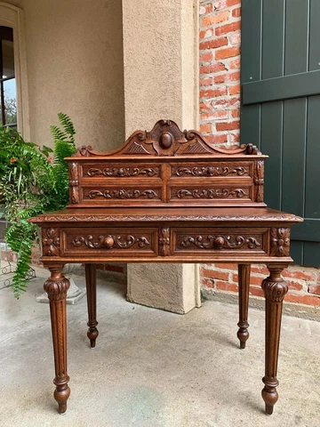 Antique Petite French Carved Oak Secretary Writing Desk Louis XVI Style Cover