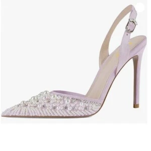 XYD Women Mesh Lace Pointed Toe Ankle Strap Pumps Pearls Studded Stiletto Heels - Picture 1 of 8