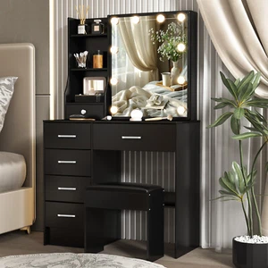 Makeup Vanity Dressing Table Stool with LED Lighted Sliding Mirror and 6 Drawers - Picture 1 of 10