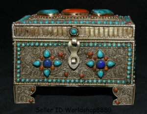 6" Tibet Tibetan Silver Filigree Inlay Turquoise Gem Jewelry box Storage Box - Picture 1 of 12