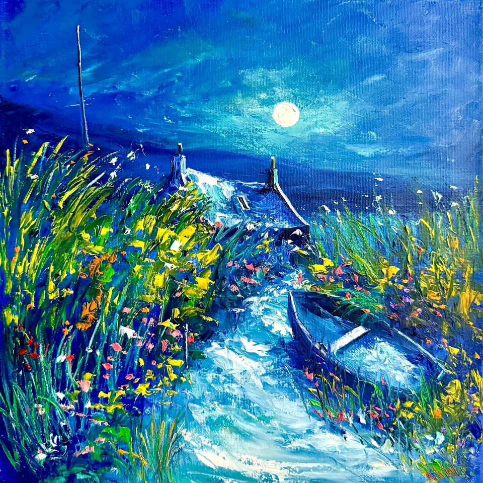 Pintura al óleo escocesa original de Natalie Souter "Luz nocturna en la isla de Harris" Foto 1 de 1